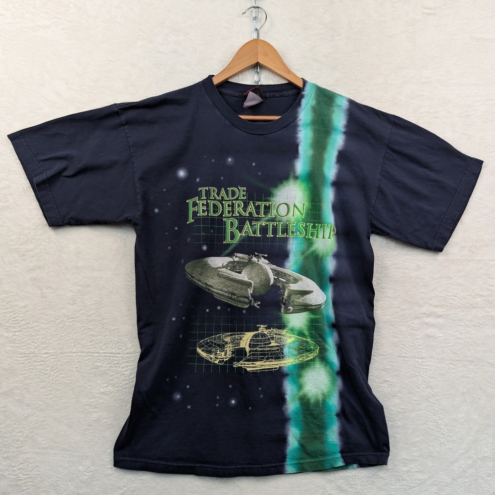 VTG Star Wars T-Shirt Men's XL Navy Blue Trade Federation Battleship Tie Dye 90s